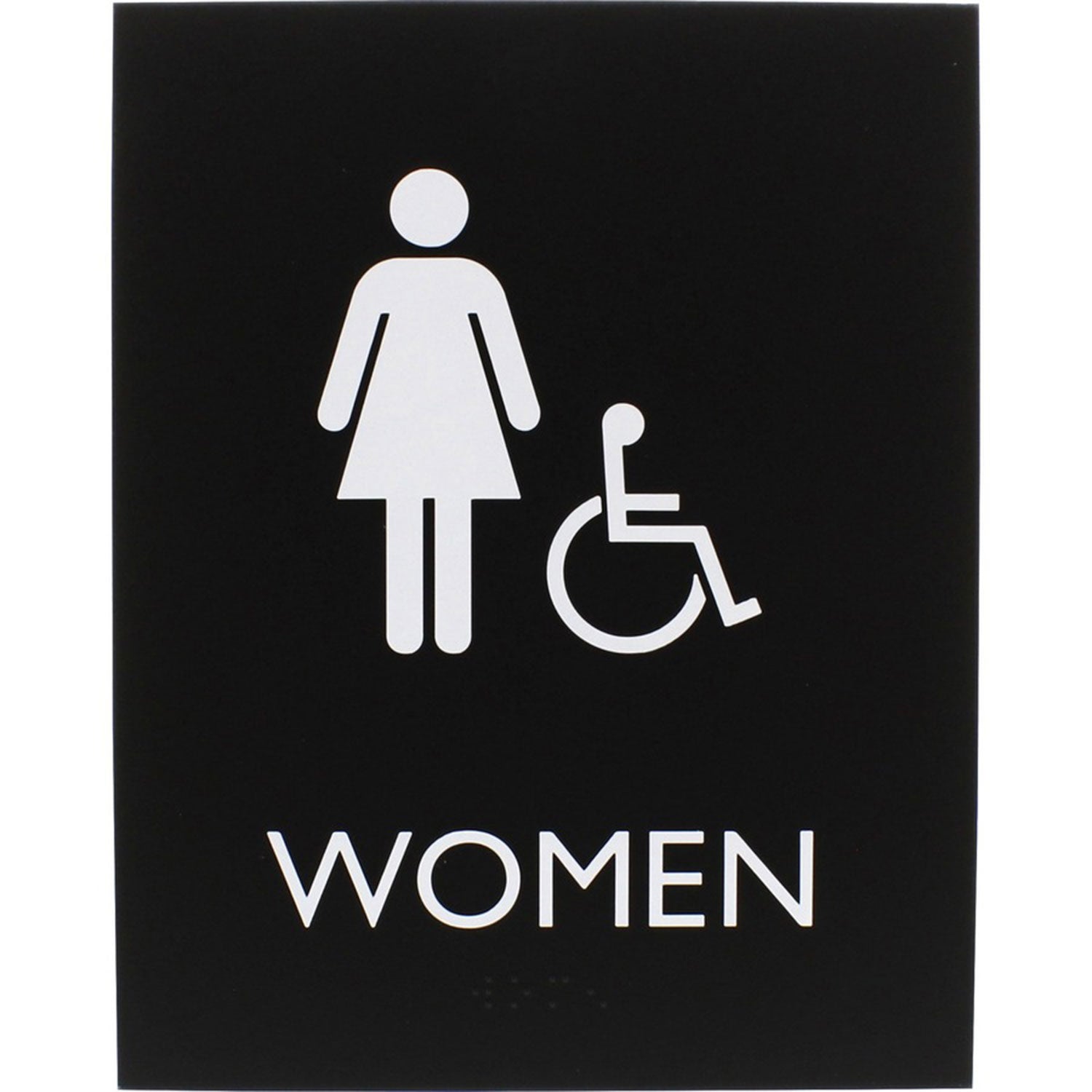 lorell-restroom-sign-1-each-women-print-message-6-4-x-8-5-height-rectangular-shape-easy-readability-braille-plastic-black-llr02666_1